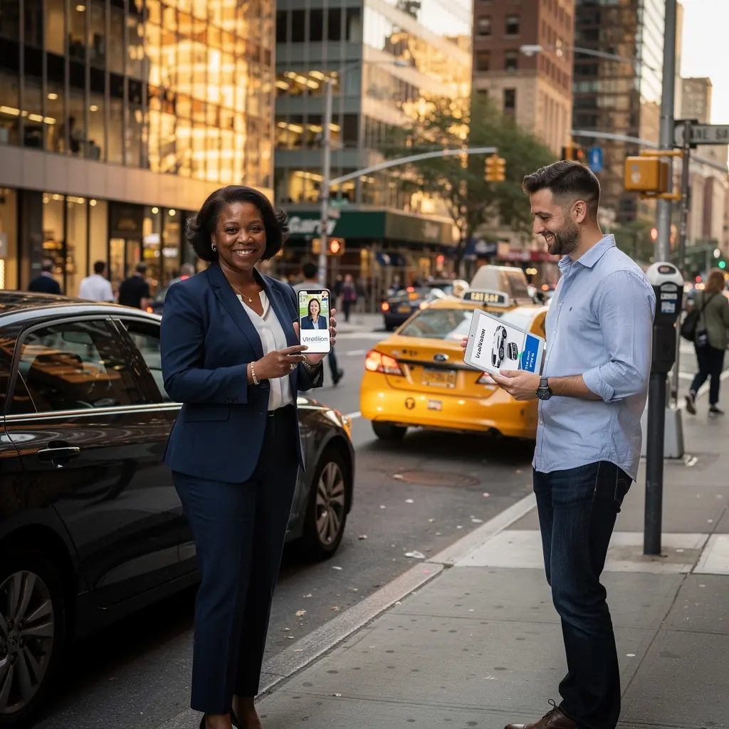 Zadowolony kierowca odbierający kluczyki do samochodu zastępczego po wypadku.